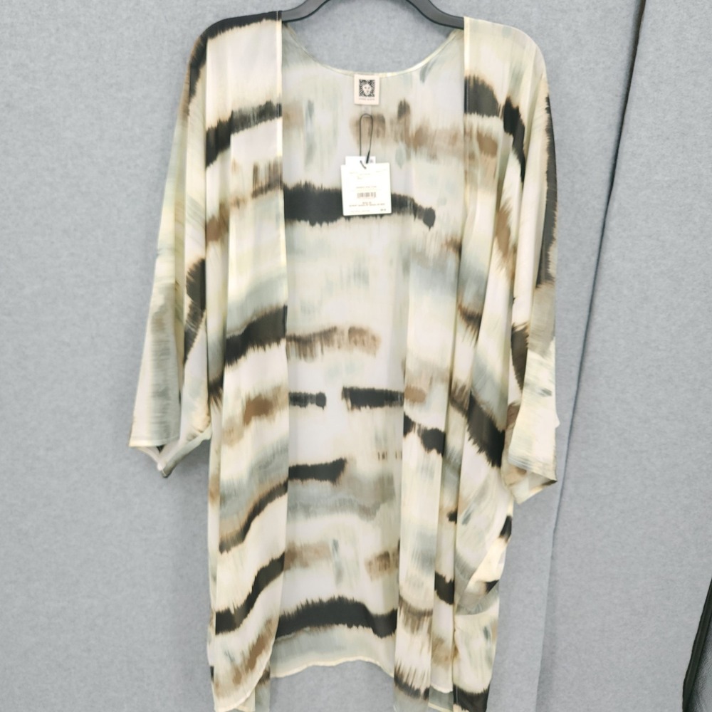 Anne Klein Printed Open Front Chiffon Kimono White Dove Multi‎ Womens Size 1SZ